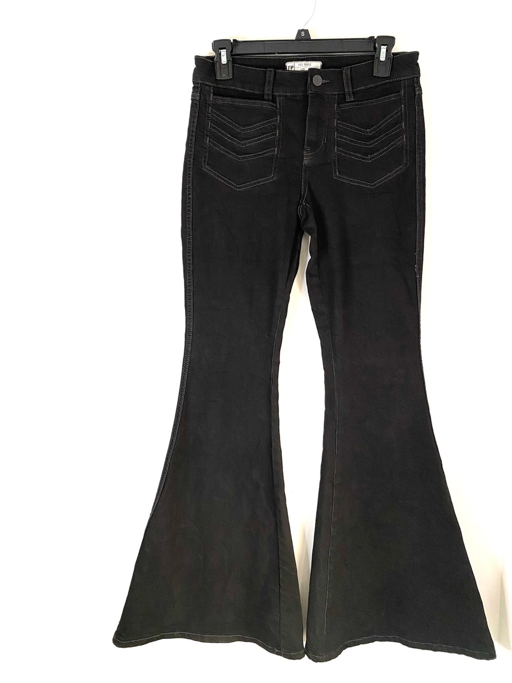 Free People Black Super Flare Bell Bottom Jeans Contrast Stitch